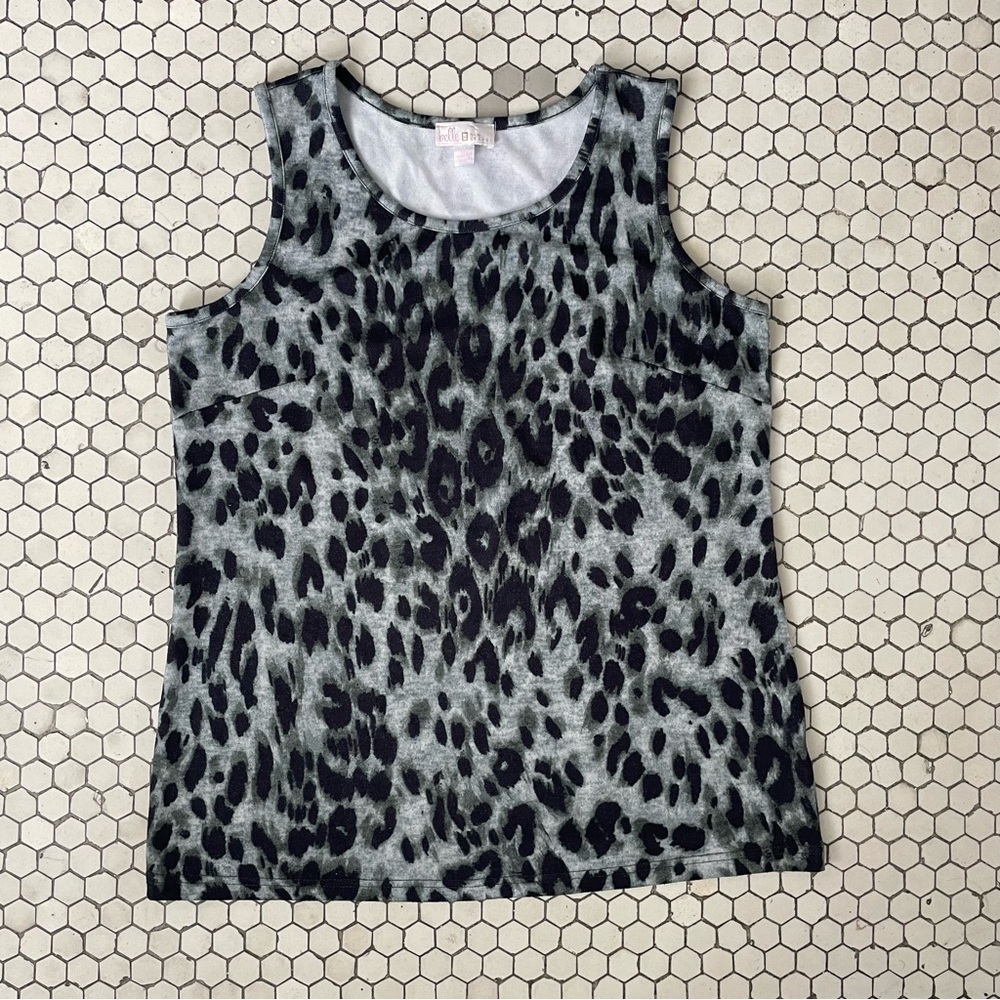 Belle by Kim Gravel Tank Top Medium Gray Green Leopard Animal Fall Mature